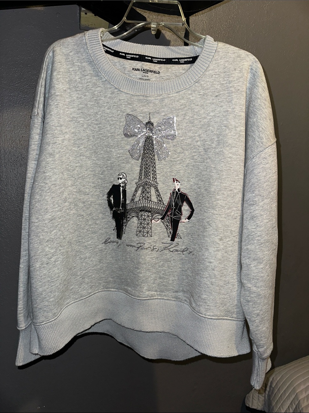 Karl Lagerfeld Light Gray Graphic Crewneck with Embellished Bow